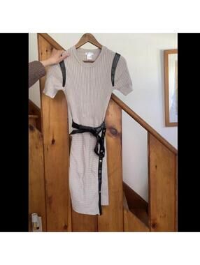 Venus tan ribbed knit dress with black faux leather details size small
